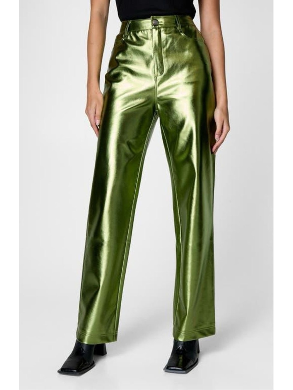 NWT- Nasty Gal Women's Green Metallic Faux Straight Leg Leather Pants, US2